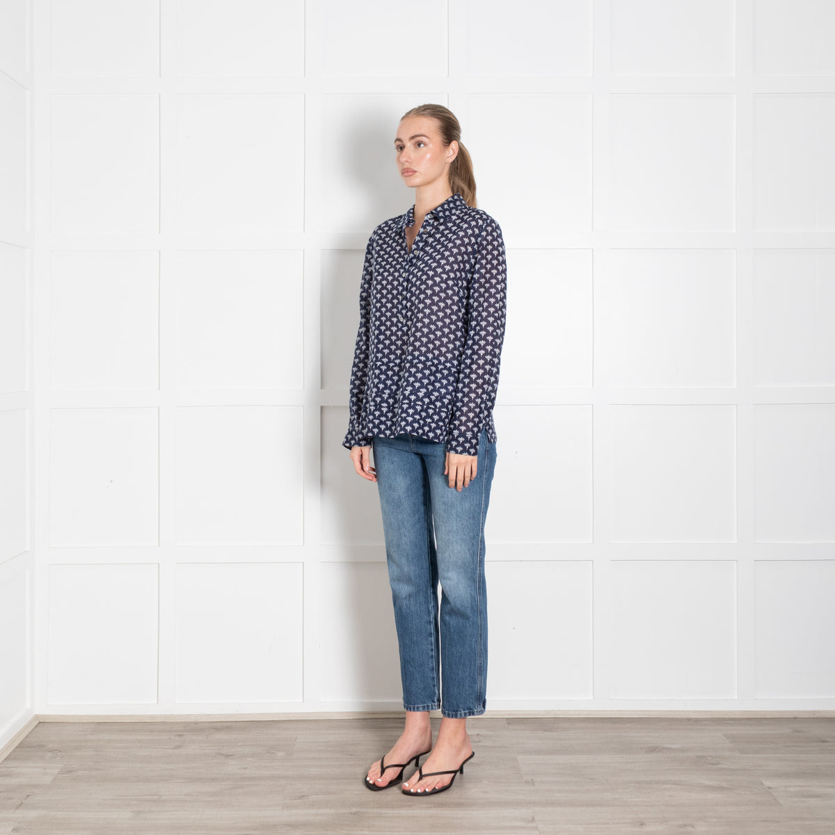 DVF Navy White Floral Fine Cotton Button Front Shirt