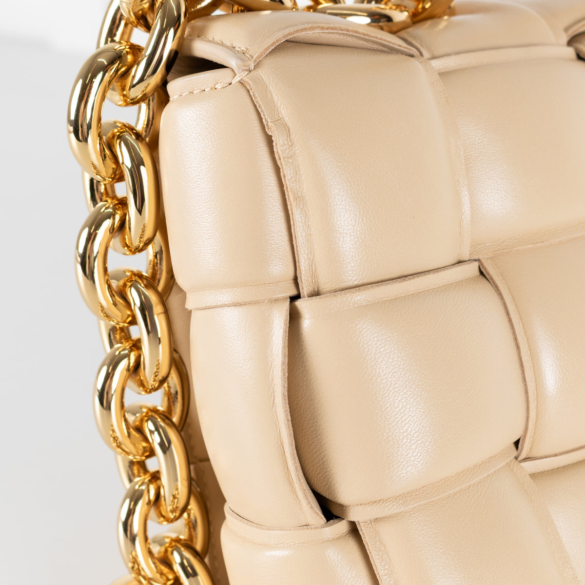 Bottega Veneta Beige Leather Padded Cassette Bag with Gold Toned Chain Link Strap