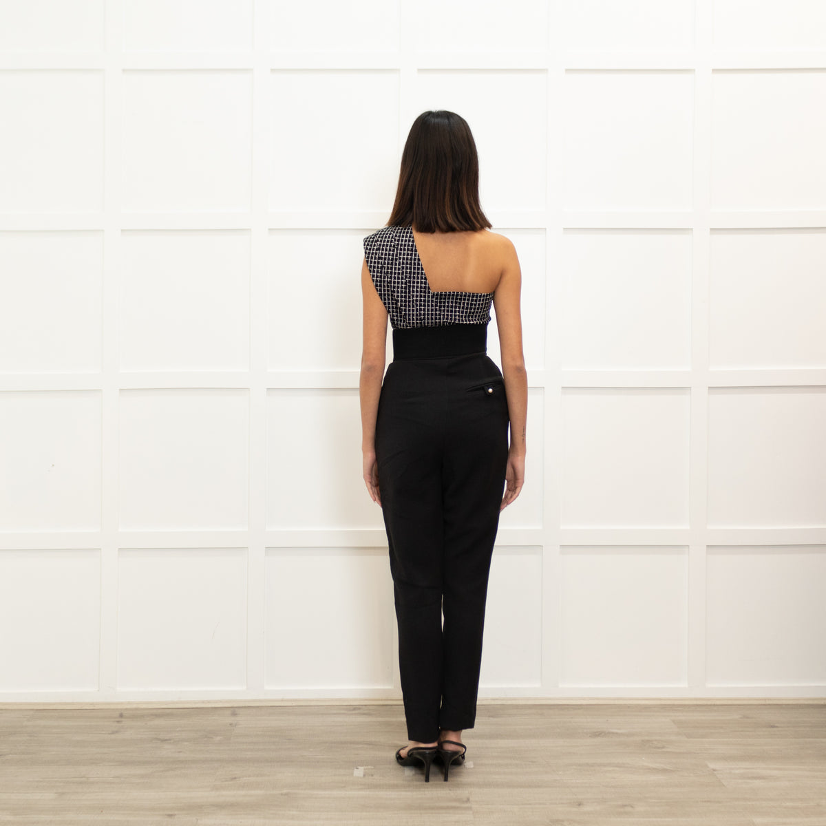 Self - Portrait Black White Check Top One Shoulder Jumpsuit