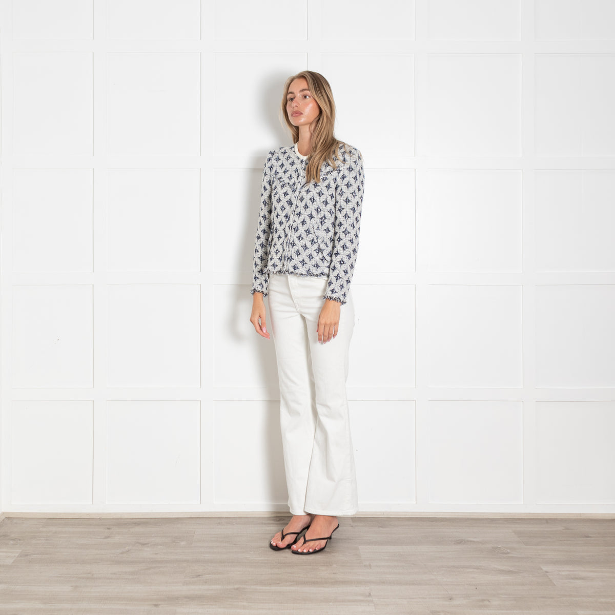 Iro Navy and White Handi Raw Edge Blazer