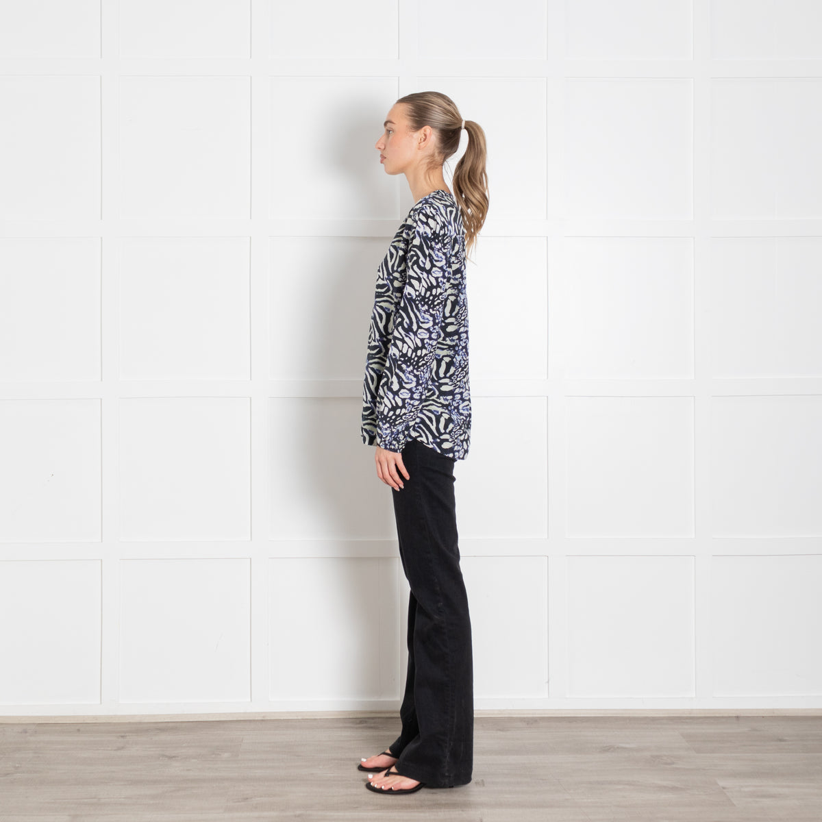 Pyrus Blue White Print Long Sleeve Silk Top