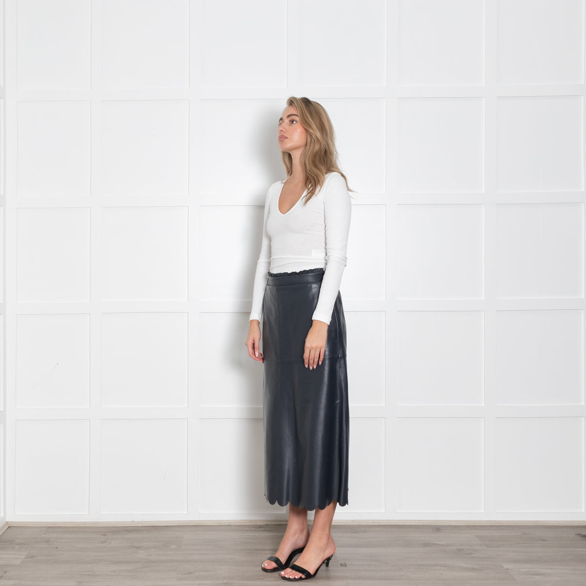 Wyse Navy Scallop Trim Leather Midi Skirt