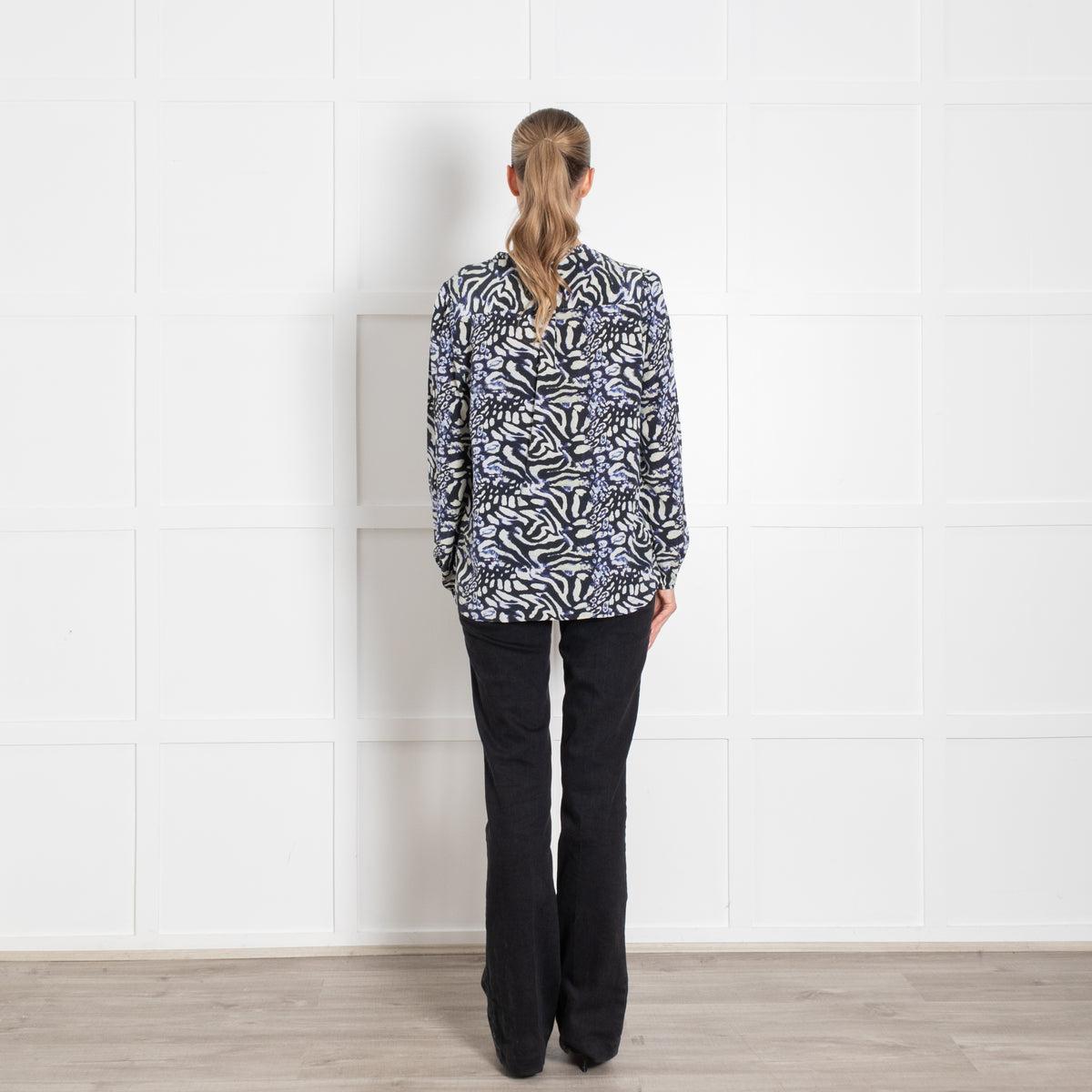 Pyrus Blue White Print Long Sleeve Silk Top