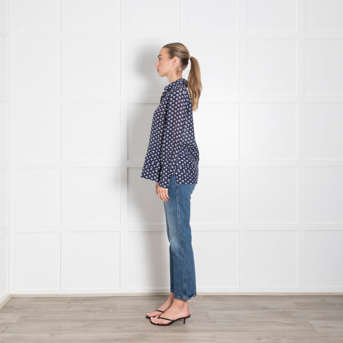 DVF Navy White Floral Fine Cotton Button Front Shirt