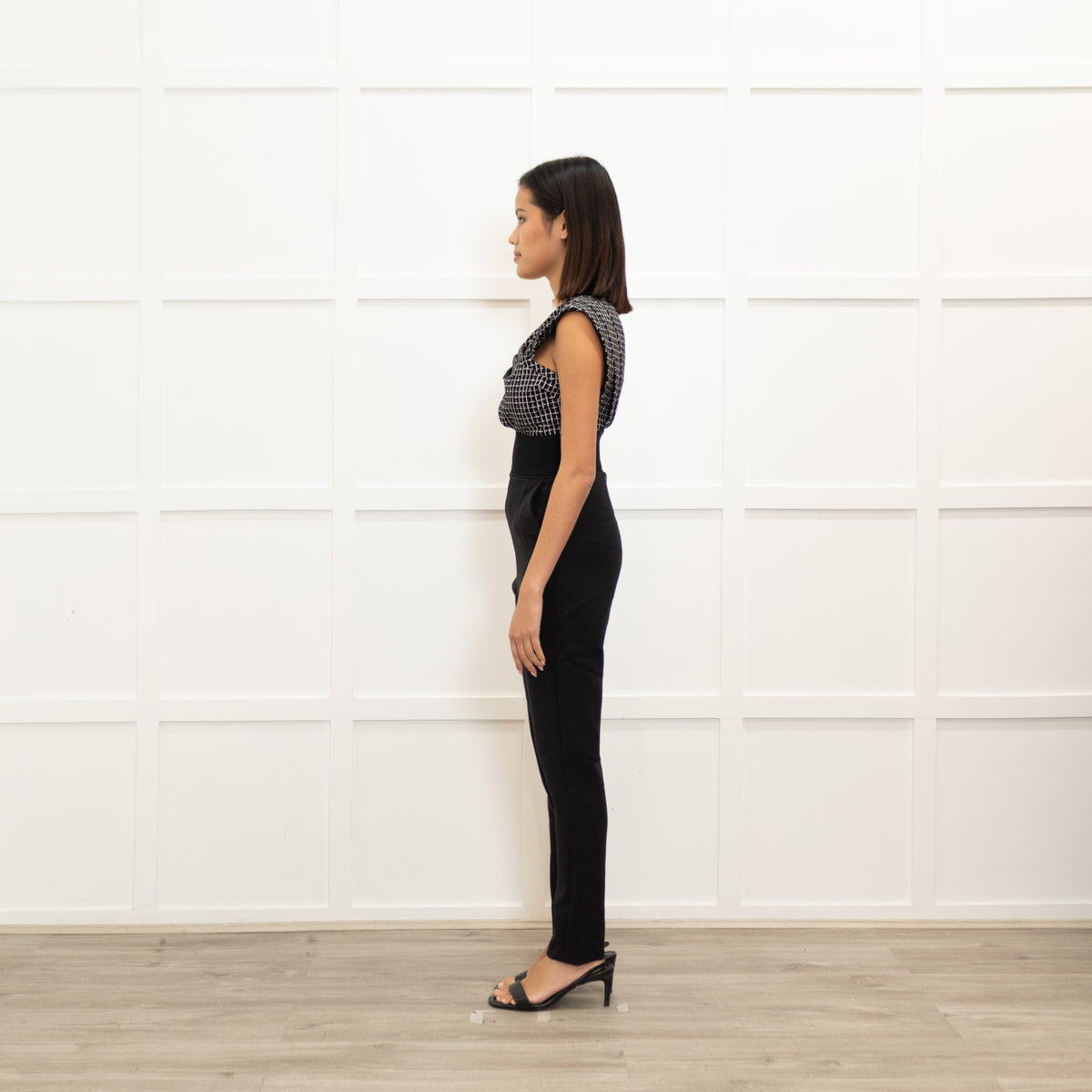 Self - Portrait Black White Check Top One Shoulder Jumpsuit