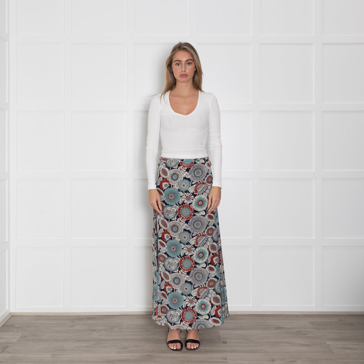 Ridley Blue Rust Floral Silk Maxi Skirt