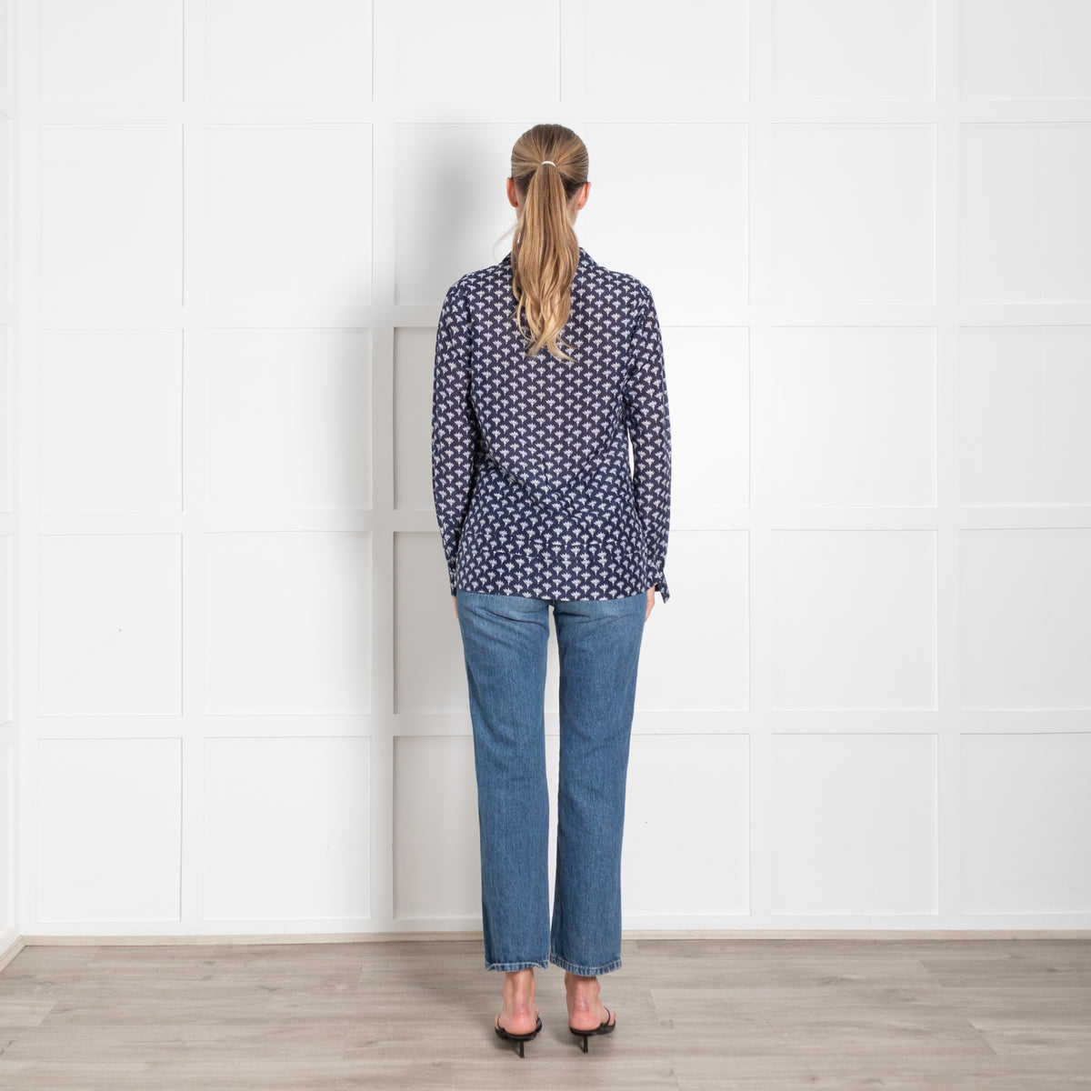 DVF Navy White Floral Fine Cotton Button Front Shirt
