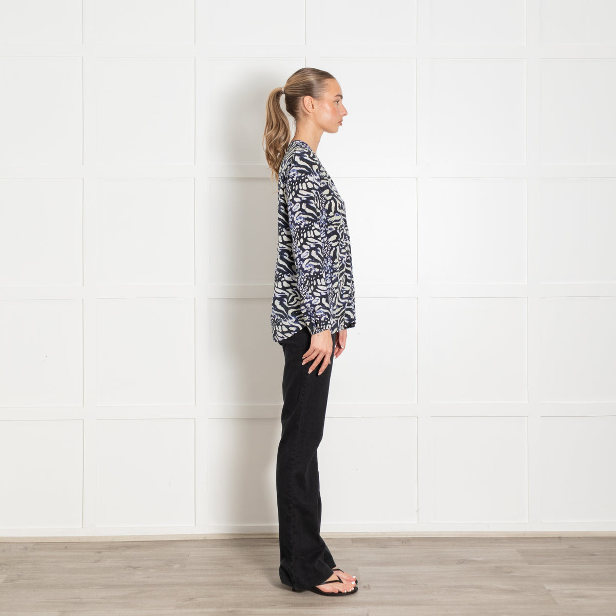 Pyrus Blue White Print Long Sleeve Silk Top