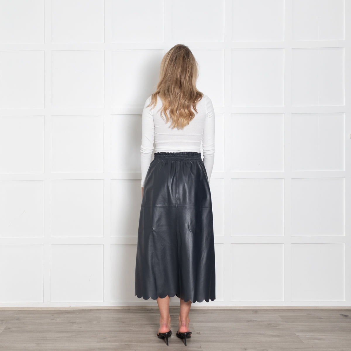 Wyse Navy Scallop Trim Leather Midi Skirt