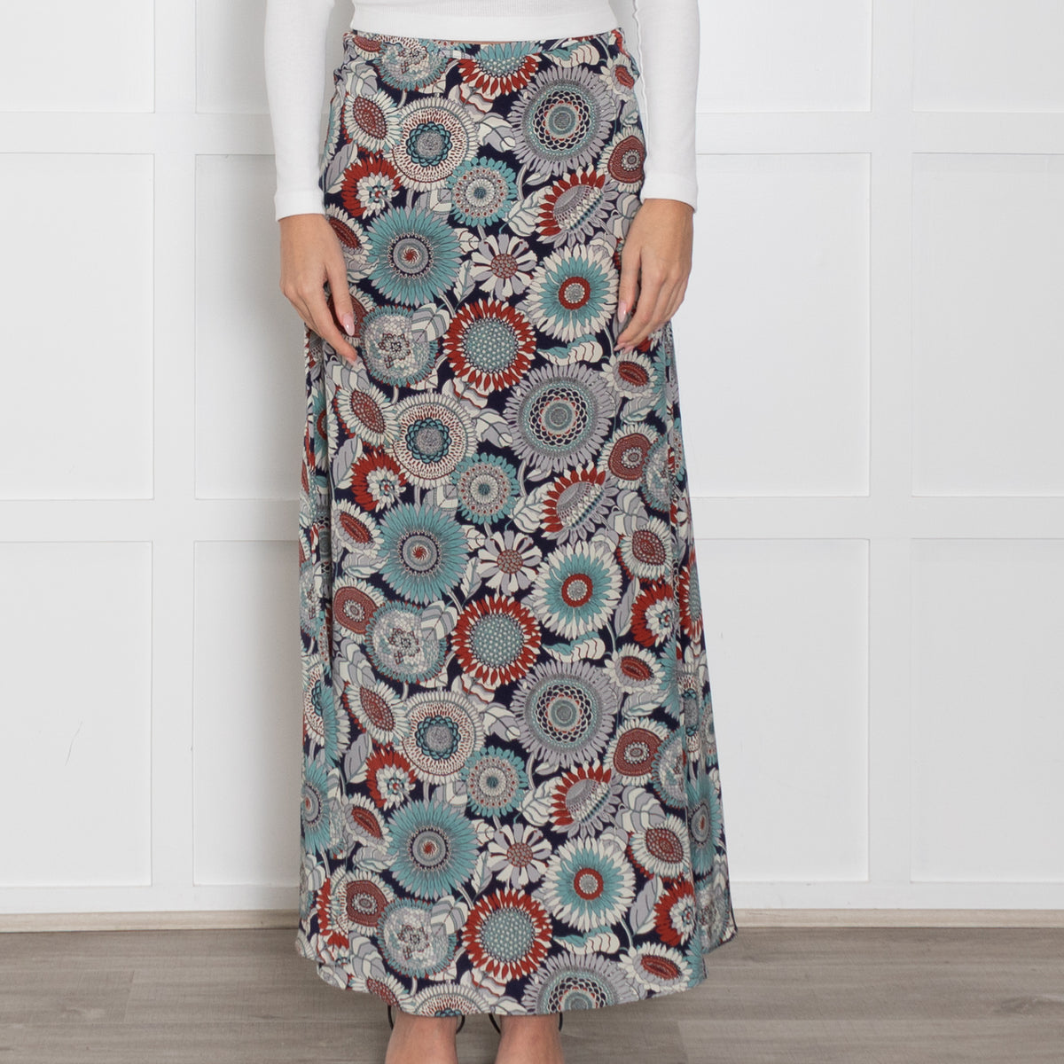 Ridley Blue Rust Floral Silk Maxi Skirt