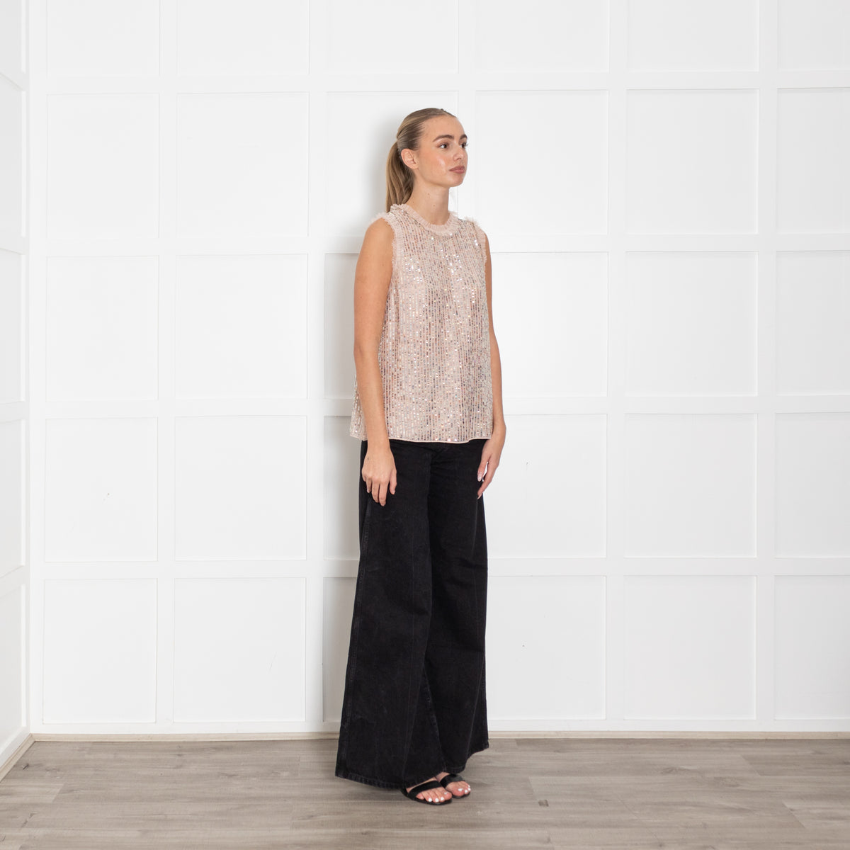 Needle And Thread Pink Sequin Striped Fril Edge Top