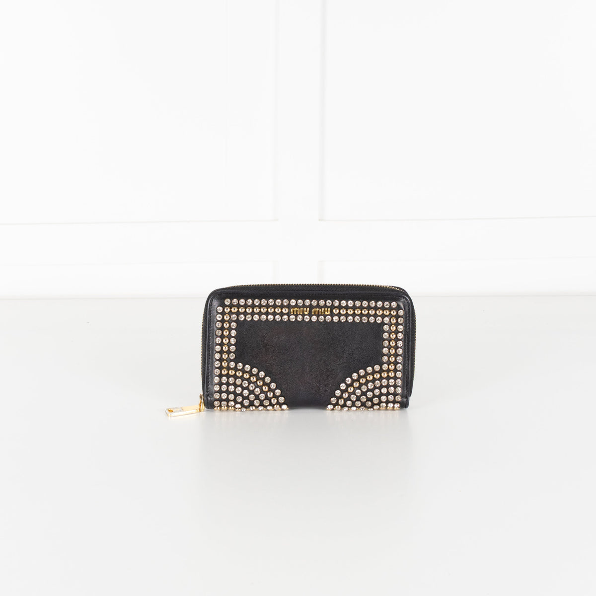 Miu Miu Black Metal Crystal Stud Wallet