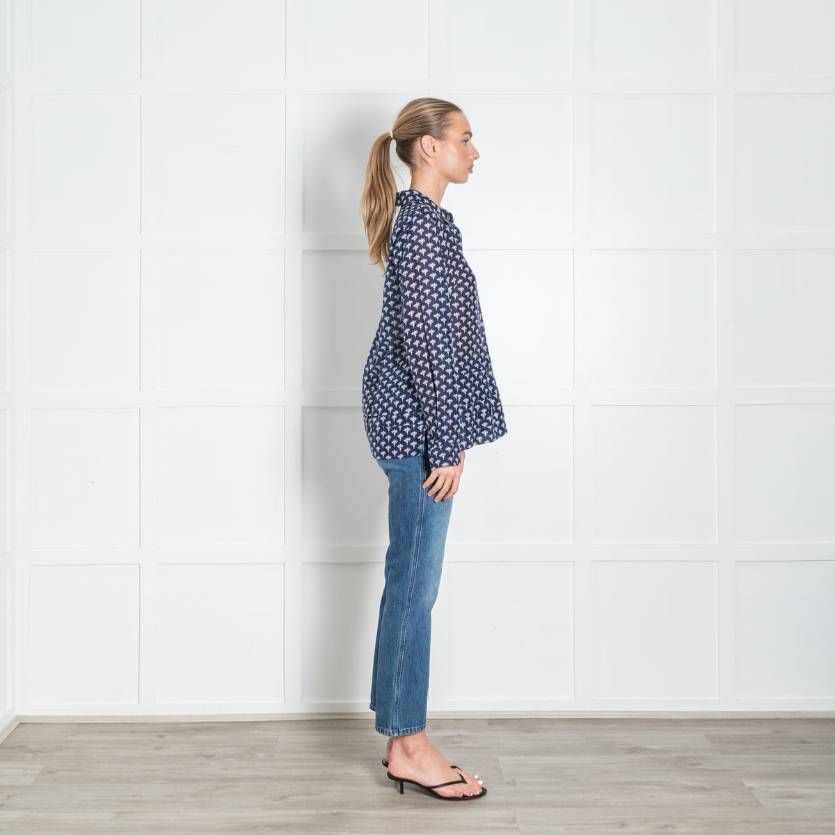 DVF Navy White Floral Fine Cotton Button Front Shirt