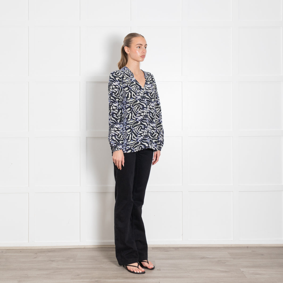 Pyrus Blue White Print Long Sleeve Silk Top