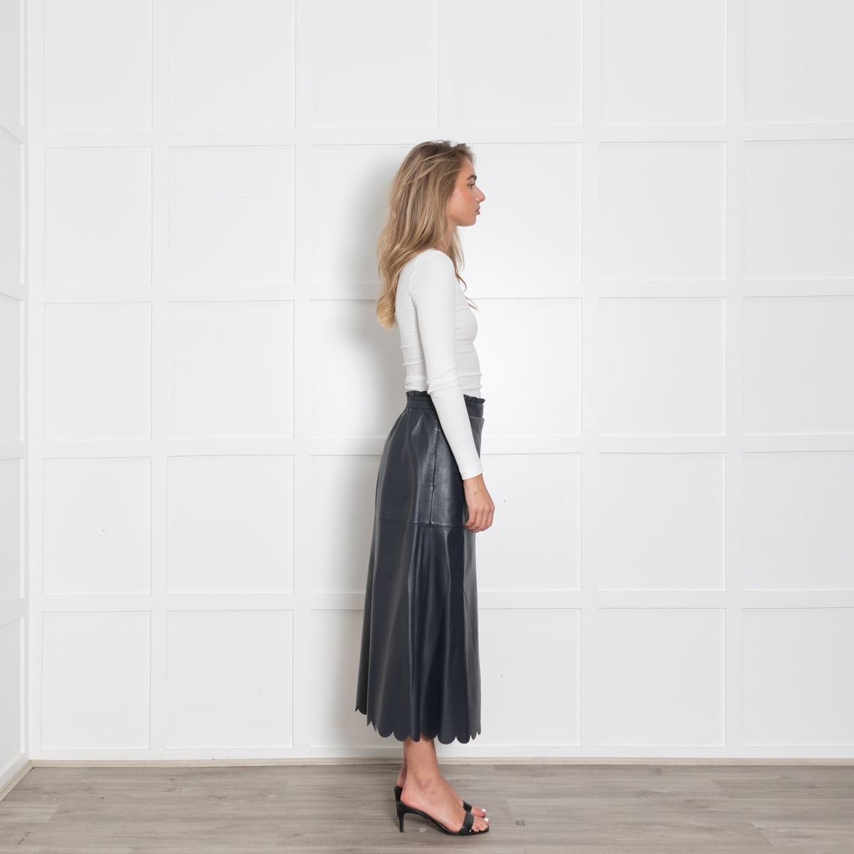 Wyse Navy Scallop Trim Leather Midi Skirt