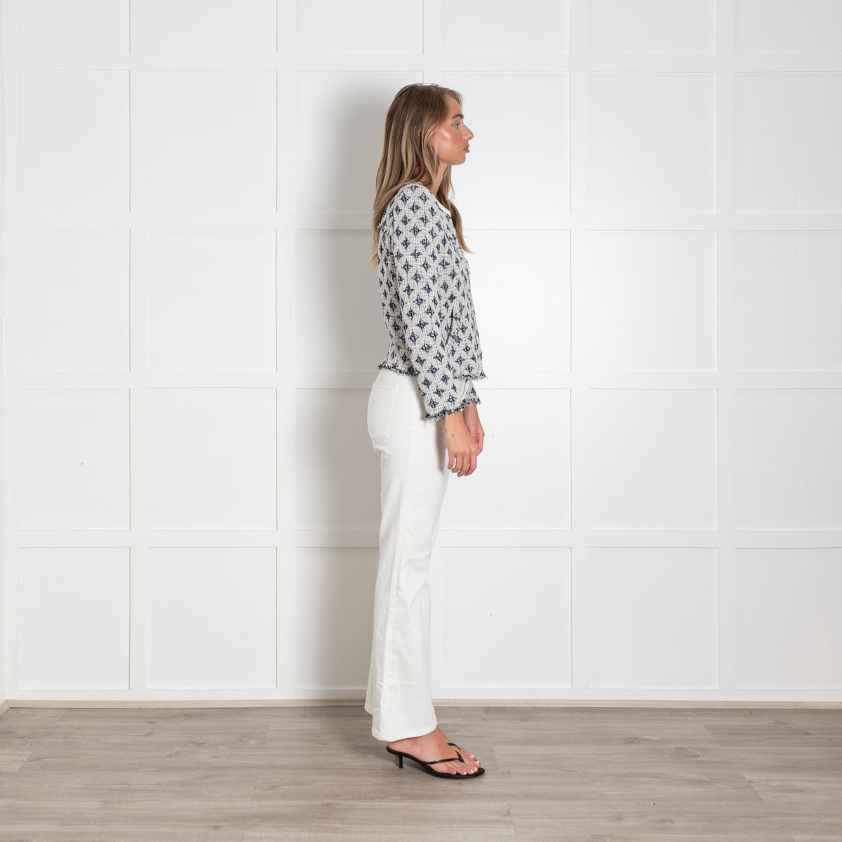 Iro Navy and White Handi Raw Edge Blazer