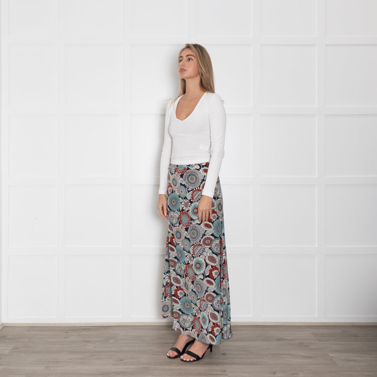 Ridley Blue Rust Floral Silk Maxi Skirt