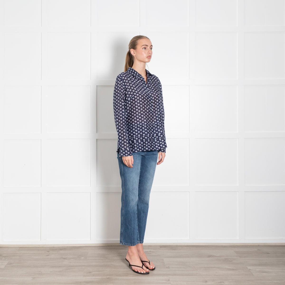 DVF Navy White Floral Fine Cotton Button Front Shirt