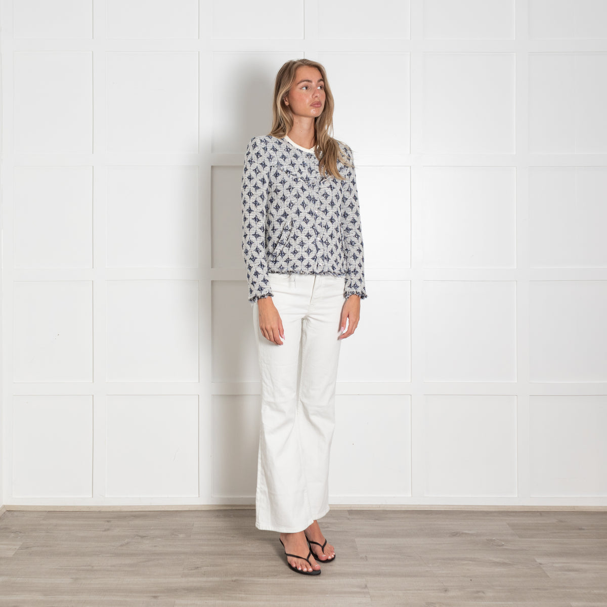 Iro Navy and White Handi Raw Edge Blazer