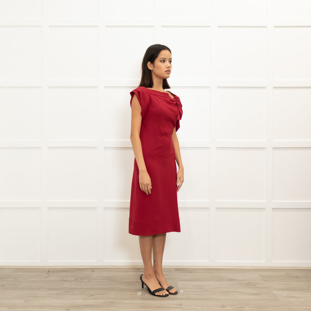 Prada Ruby Red Crepe Bow Neck Detail Dress