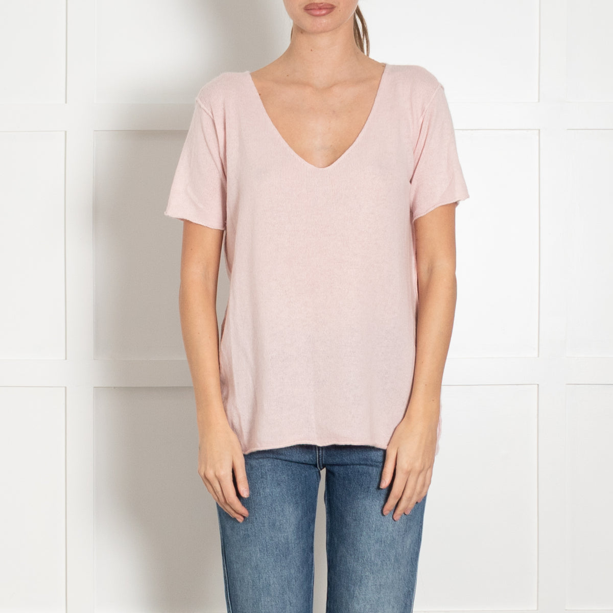 American Vintage Pale Pink V-Neck Short Sleeve Cashmere Blend Sweater