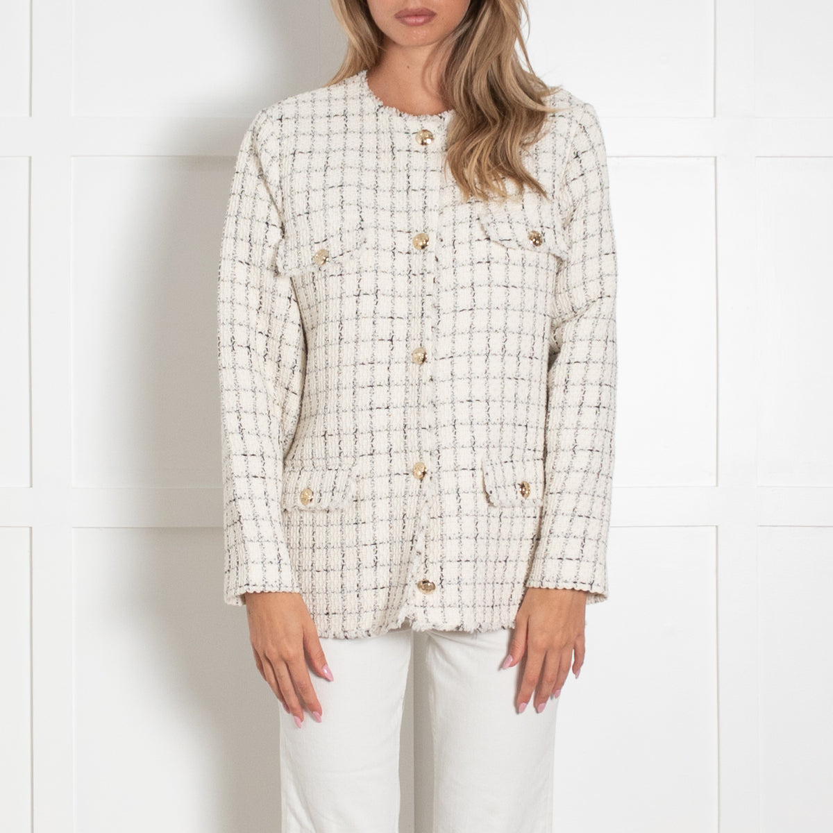 Anine Bing Cream and Black Tweed Gold Button Jacket