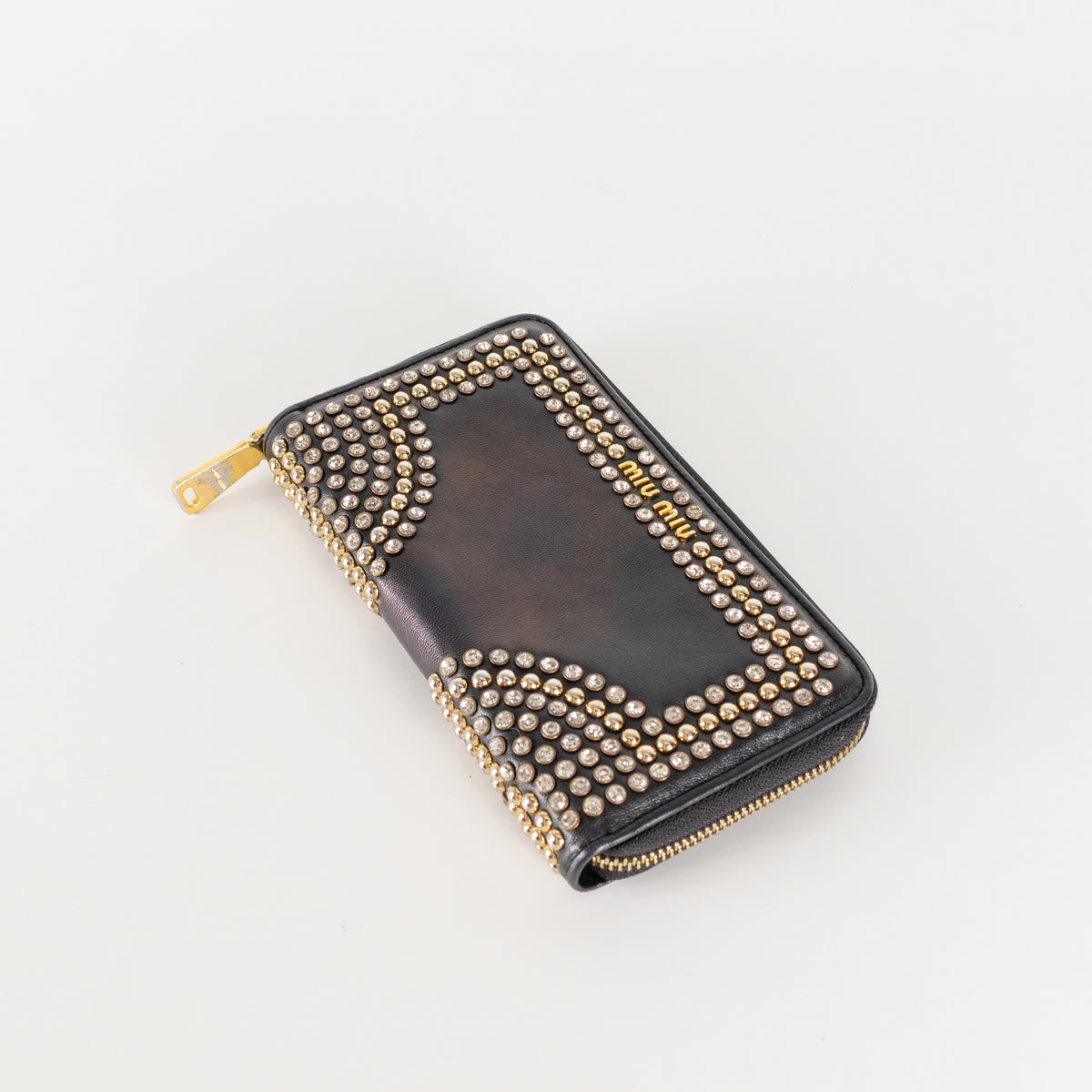 Miu Miu Black Metal Crystal Stud Wallet