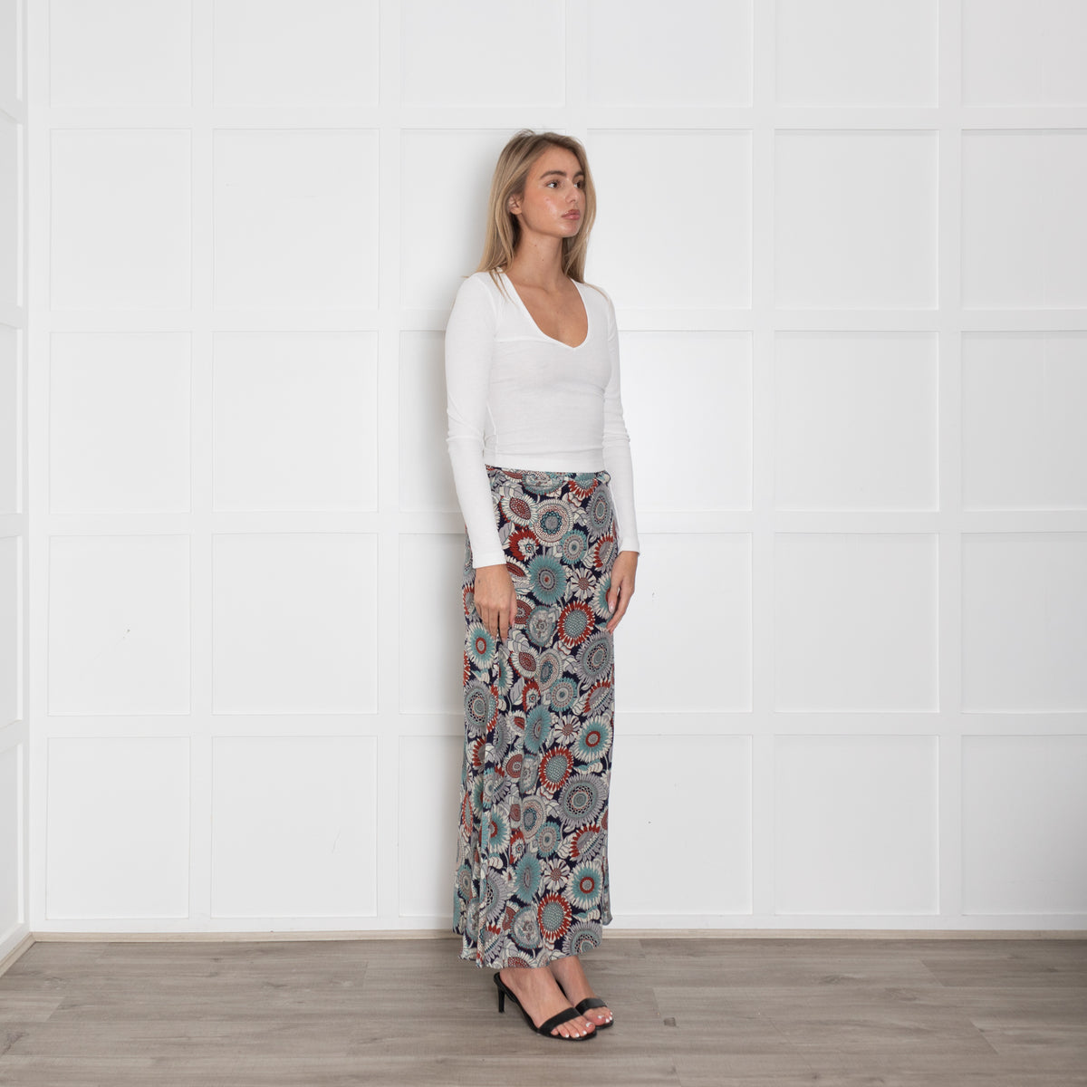 Ridley Blue Rust Floral Silk Maxi Skirt