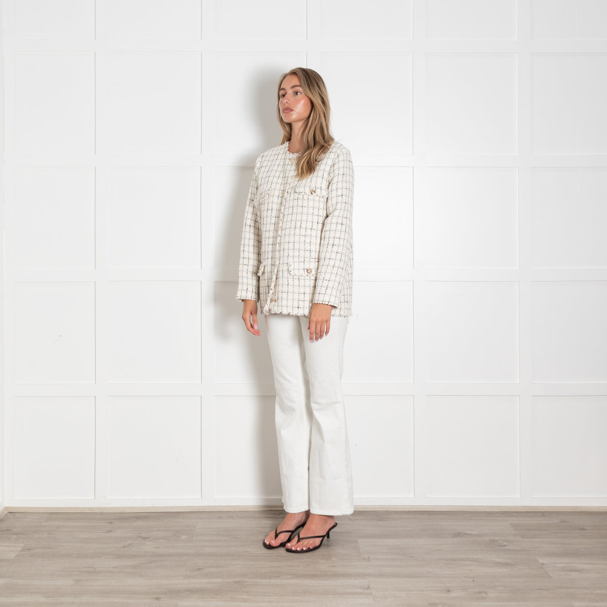 Anine Bing Cream and Black Tweed Gold Button Jacket