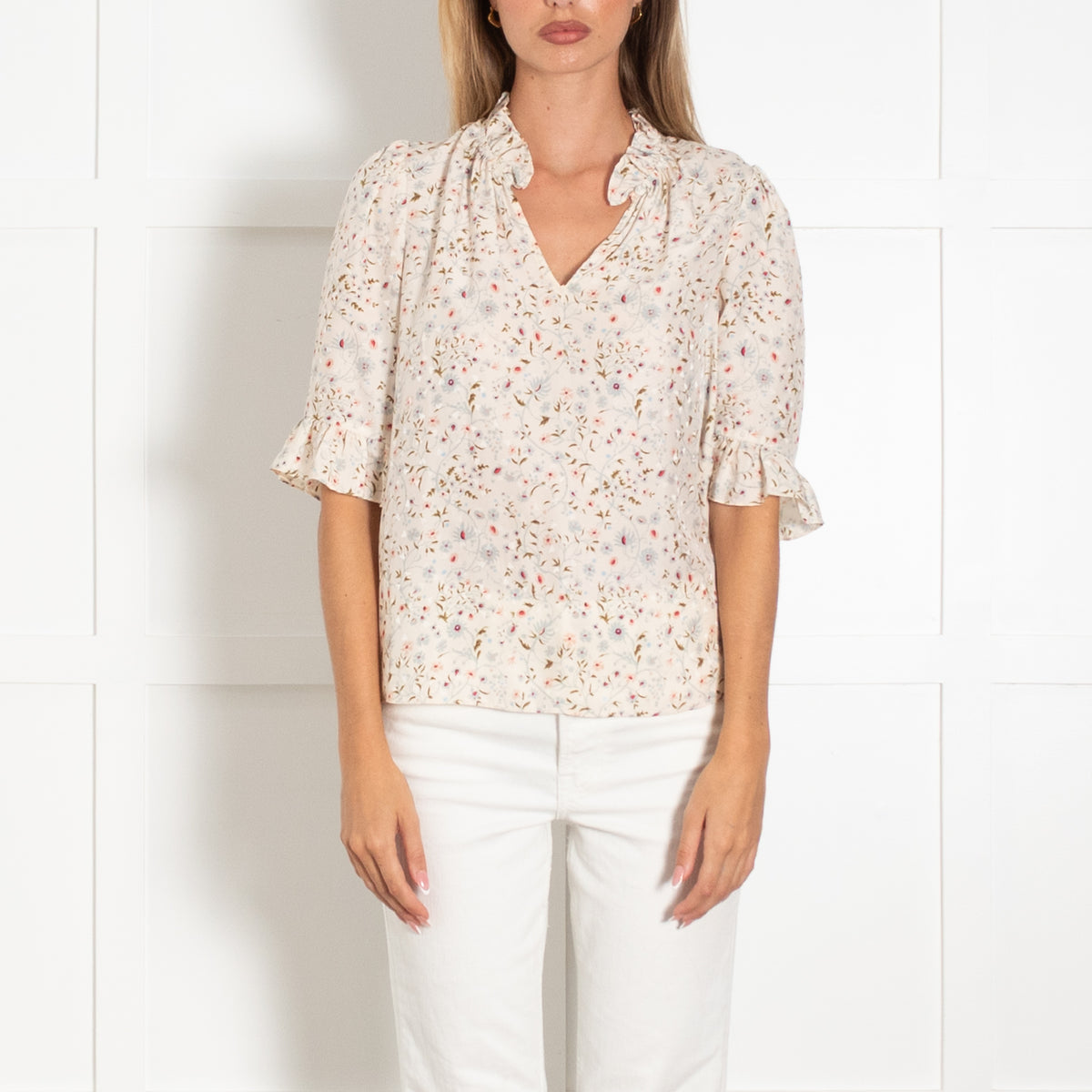 Rebecca Taylor Floral Print Frill Neck & Short Sleeve Blouse