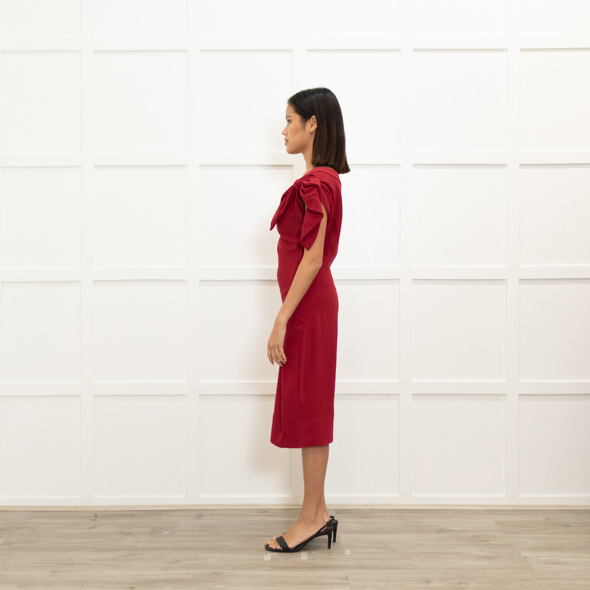 Prada Ruby Red Crepe Bow Neck Detail Dress