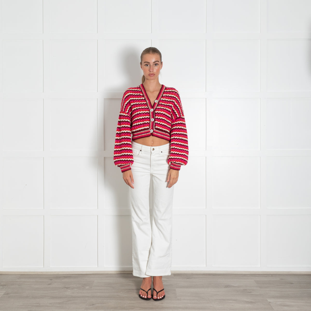 Farm Rio Pink Red Zig Zag Stripe Chunky Knit Cropped Cotton Cardigan