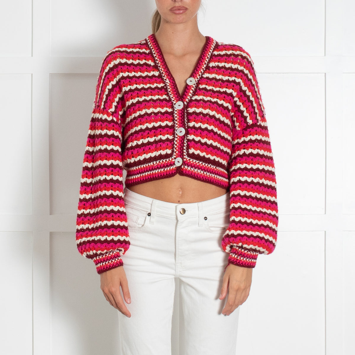 Farm Rio Pink Red Zig Zag Stripe Chunky Knit Cropped Cotton Cardigan