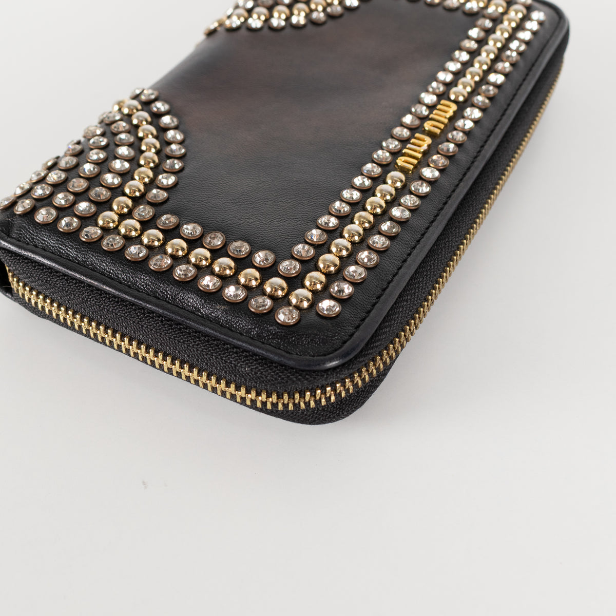 Miu Miu Black Metal Crystal Stud Wallet