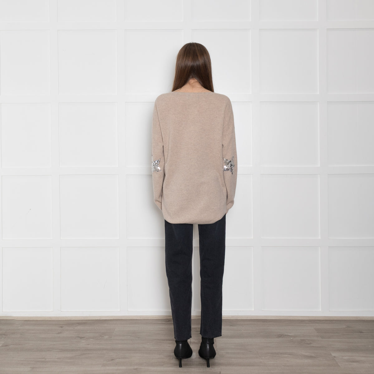 Wyse Oatmeal Cashmere Jumper with Sequin Star Elbow Patches