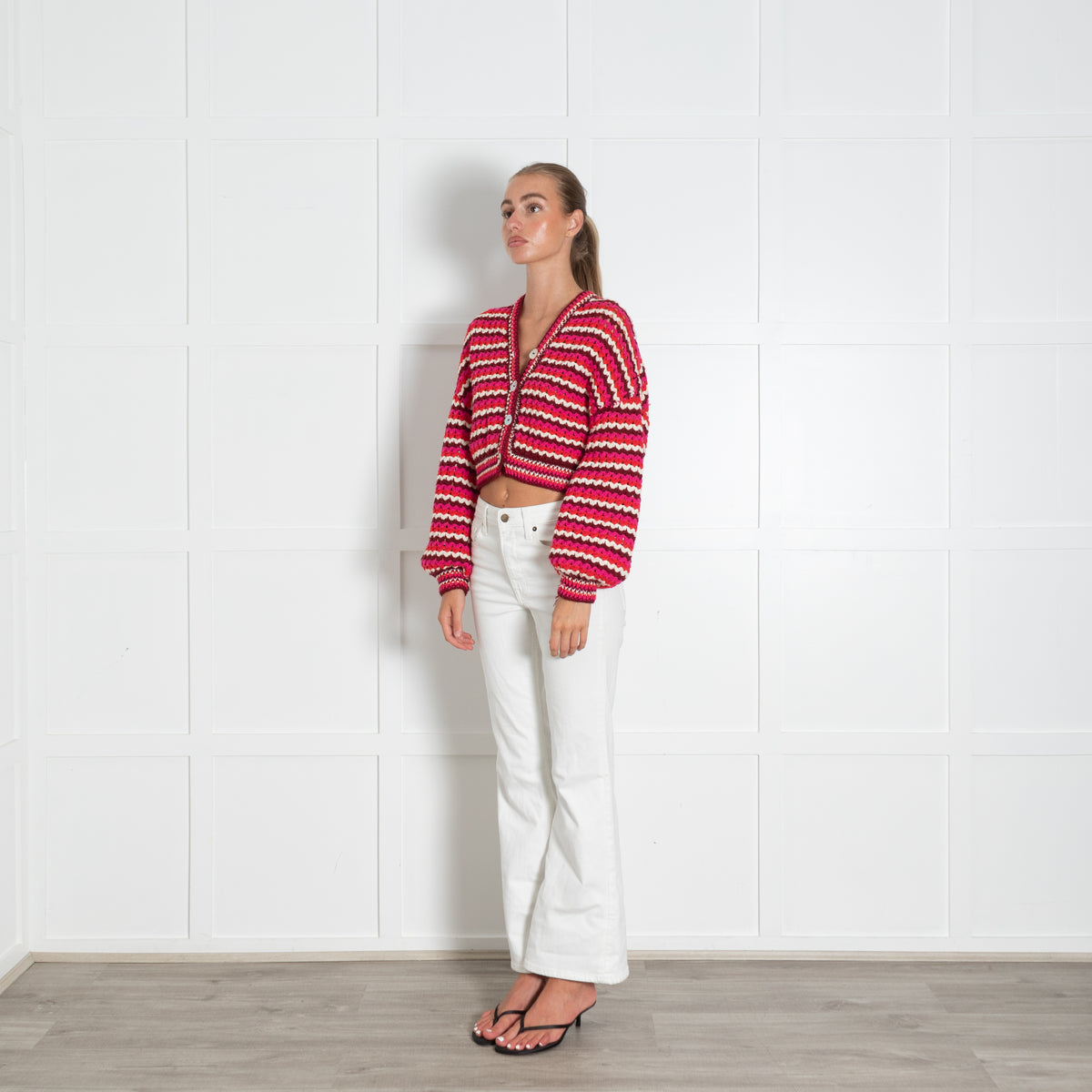 Farm Rio Pink Red Zig Zag Stripe Chunky Knit Cropped Cotton Cardigan