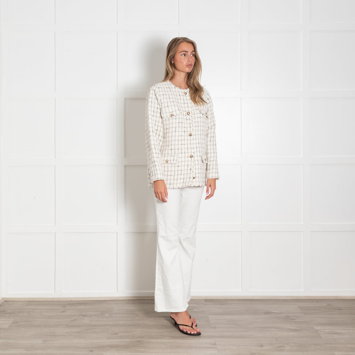 Anine Bing Cream and Black Tweed Gold Button Jacket