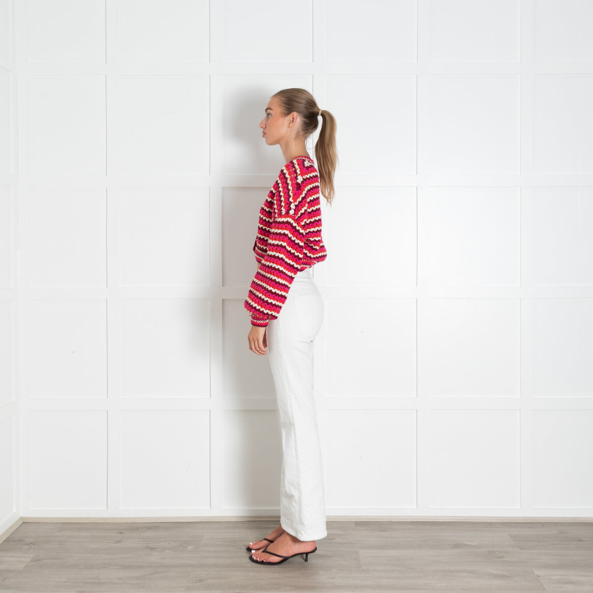 Farm Rio Pink Red Zig Zag Stripe Chunky Knit Cropped Cotton Cardigan