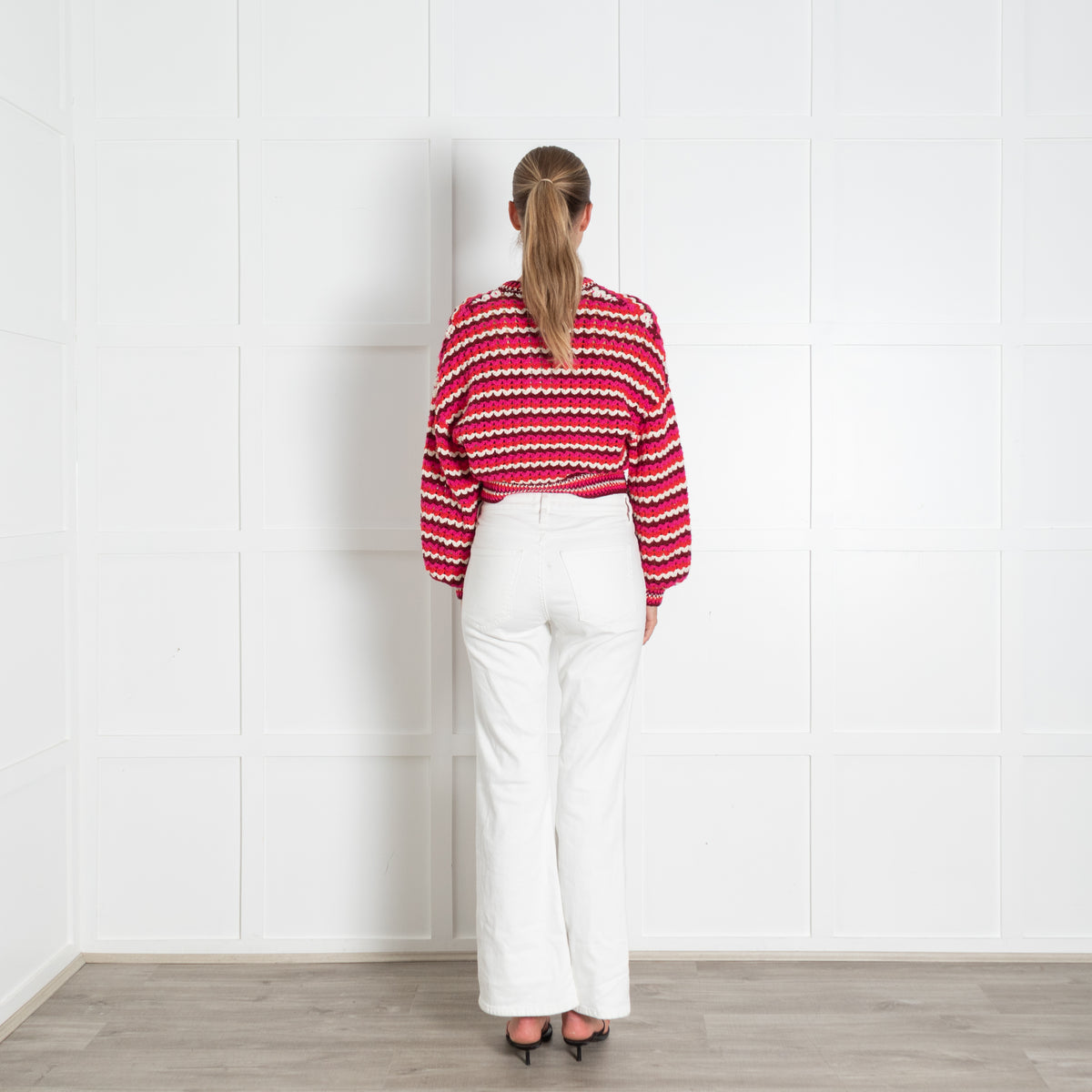 Farm Rio Pink Red Zig Zag Stripe Chunky Knit Cropped Cotton Cardigan