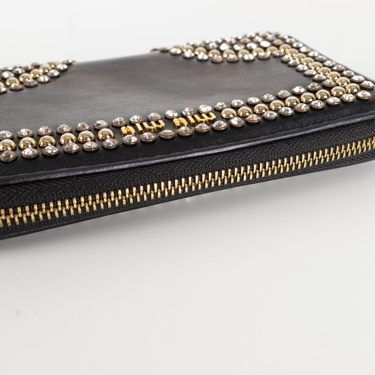 Miu Miu Black Metal Crystal Stud Wallet