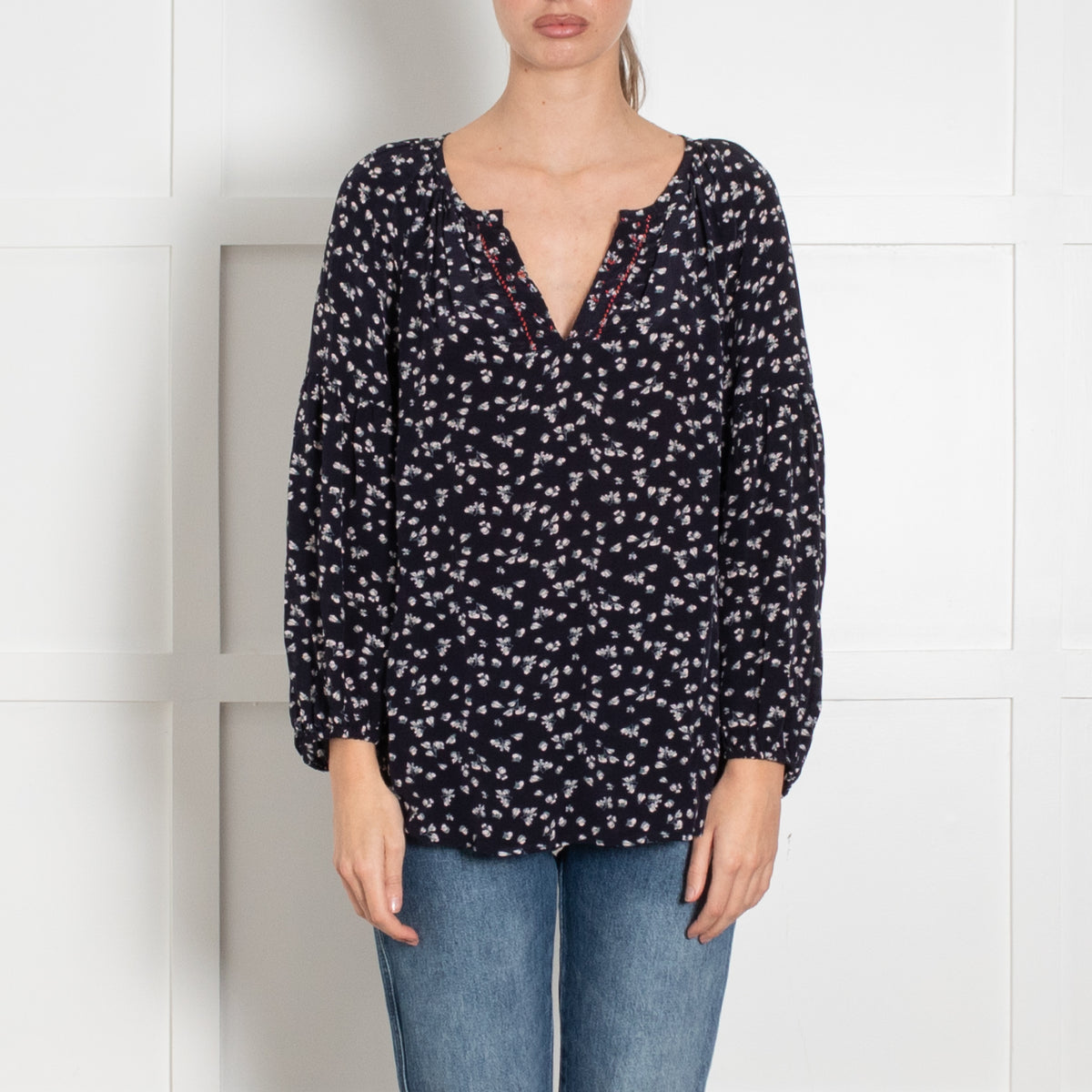 Velvet Navy White Ditzy Floral Print Long Sleeve Blouse