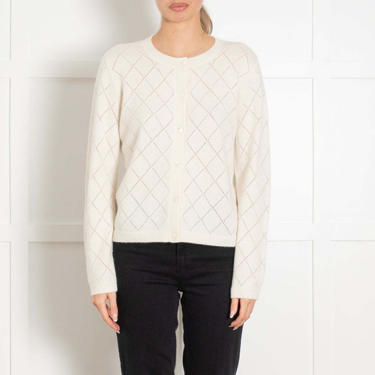 Repeat Luxury Cream Diamond Knit Cashmere Cardigan