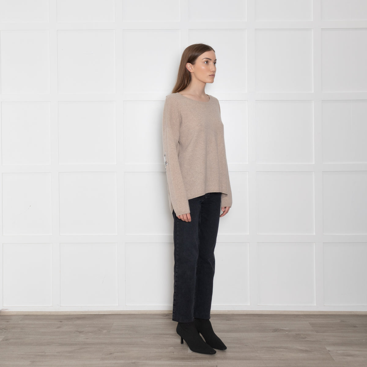 Wyse Oatmeal Cashmere Jumper with Sequin Star Elbow Patches