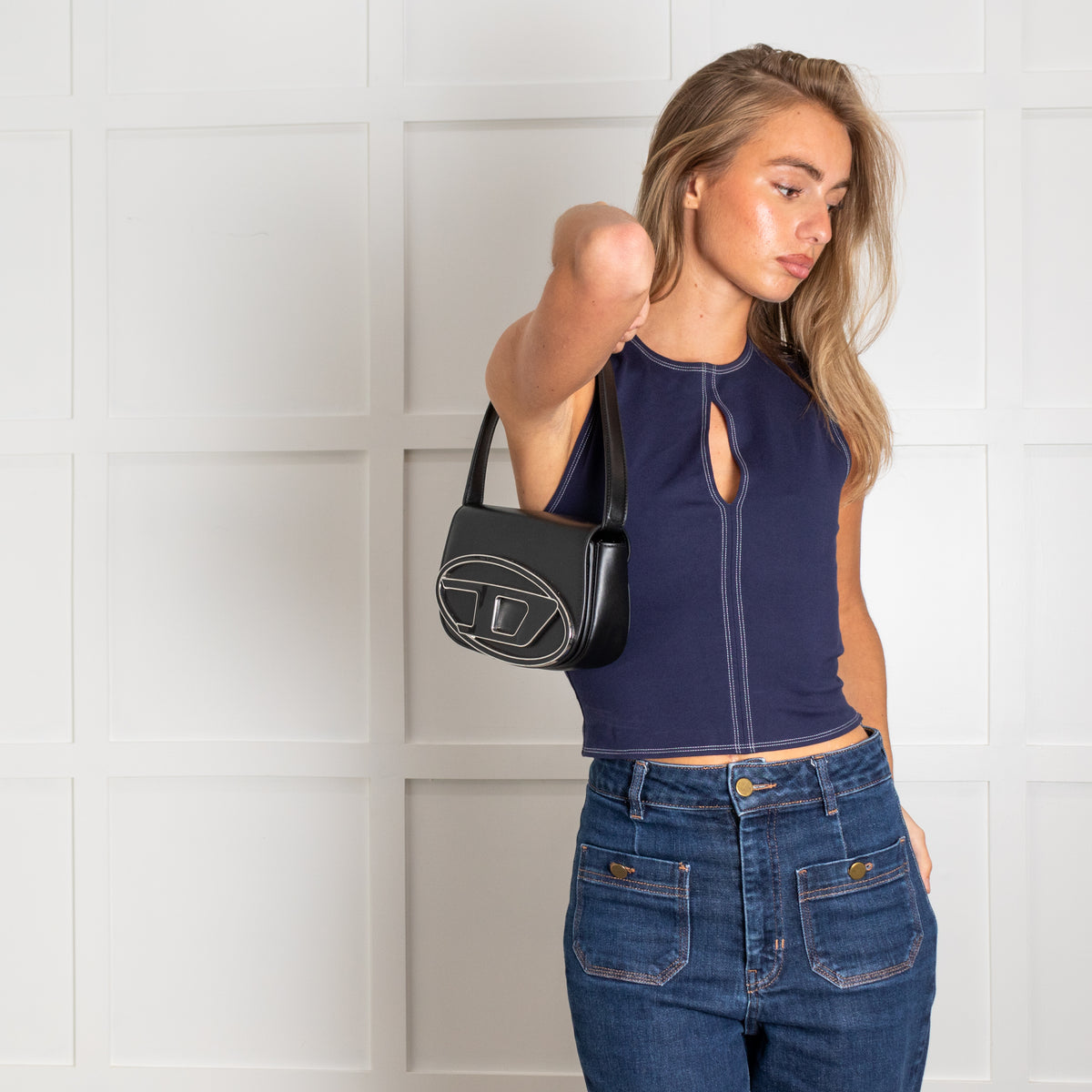 Diesel Black Leather 1DR Logo Shoulder Bag