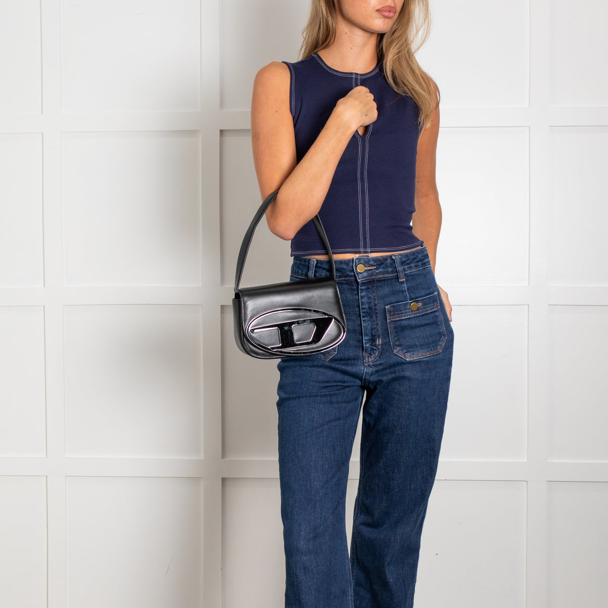Diesel Black Leather 1DR Logo Shoulder Bag