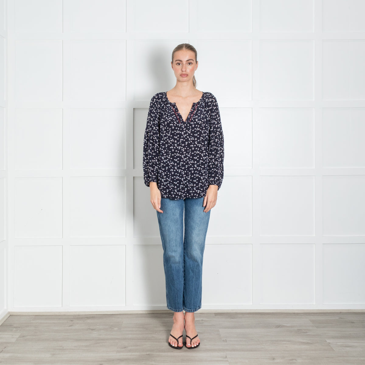 Velvet Navy White Ditzy Floral Print Long Sleeve Blouse