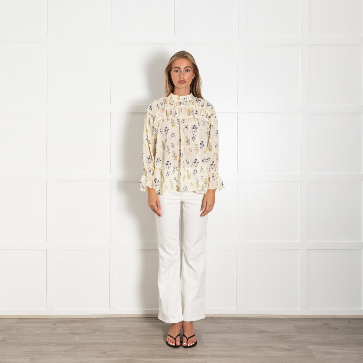 Ba&sh Yellow And Blue Floral Long Sleeve Smocked Top