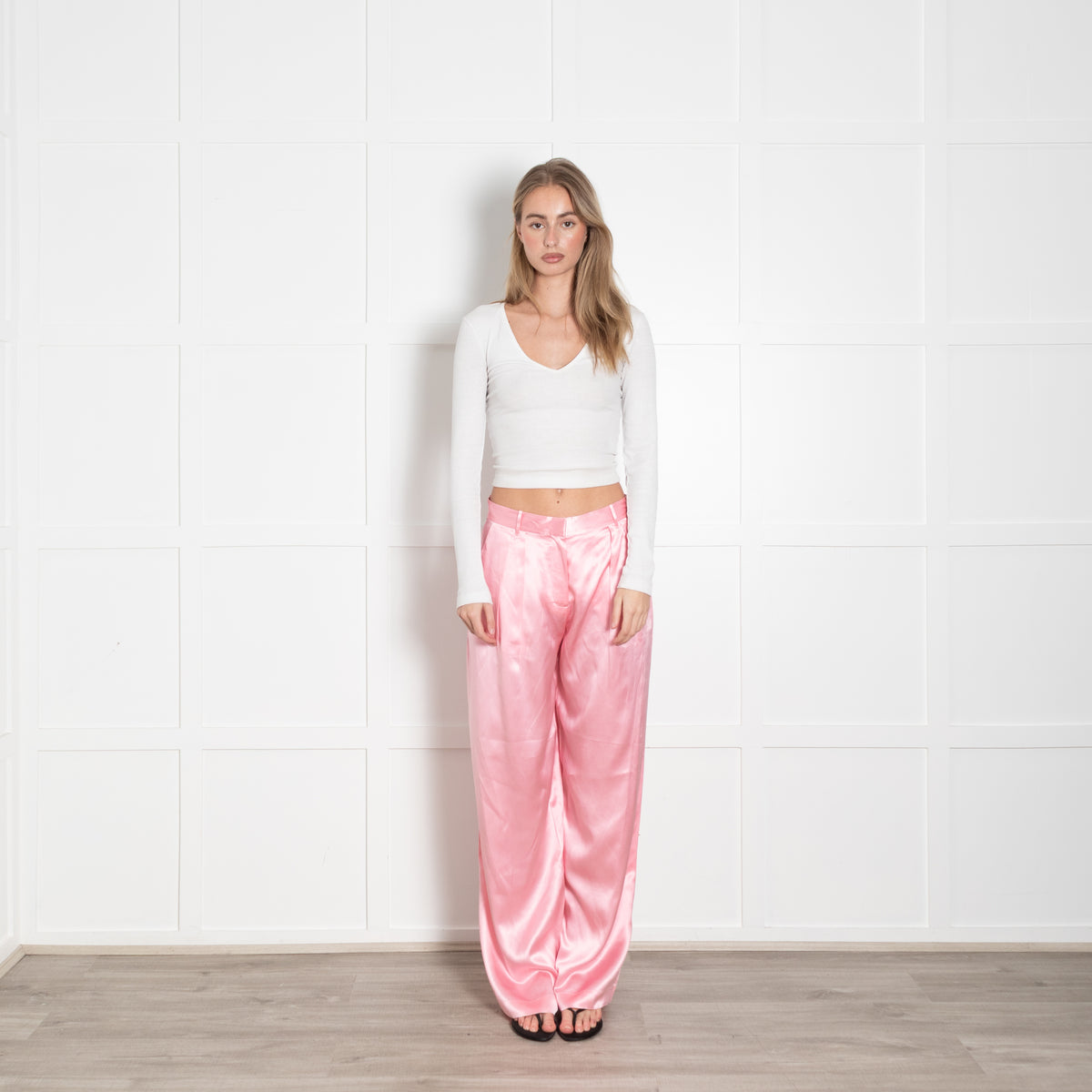 LoveShackFancy Pink Silk Satin Wide Leg Trousers