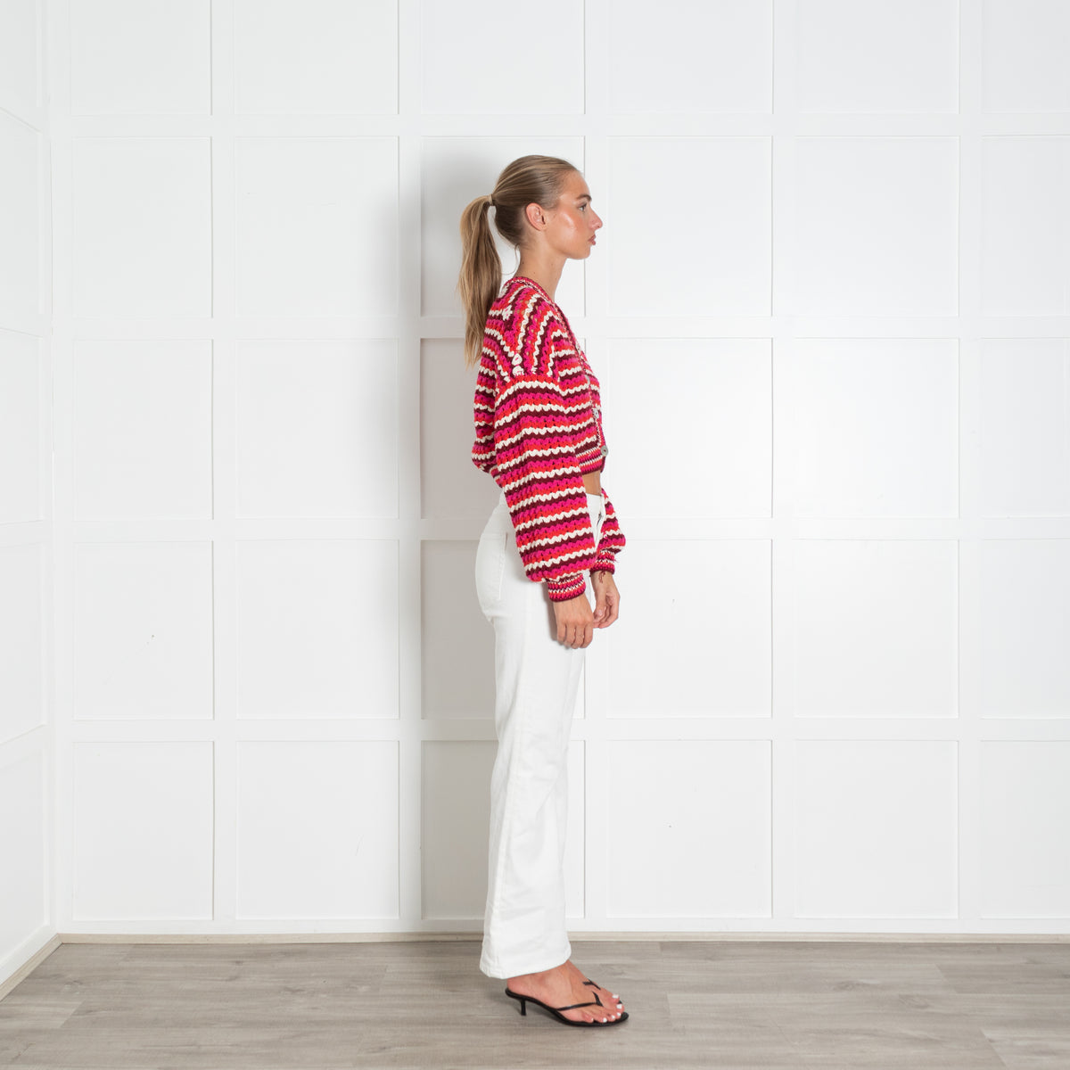Farm Rio Pink Red Zig Zag Stripe Chunky Knit Cropped Cotton Cardigan