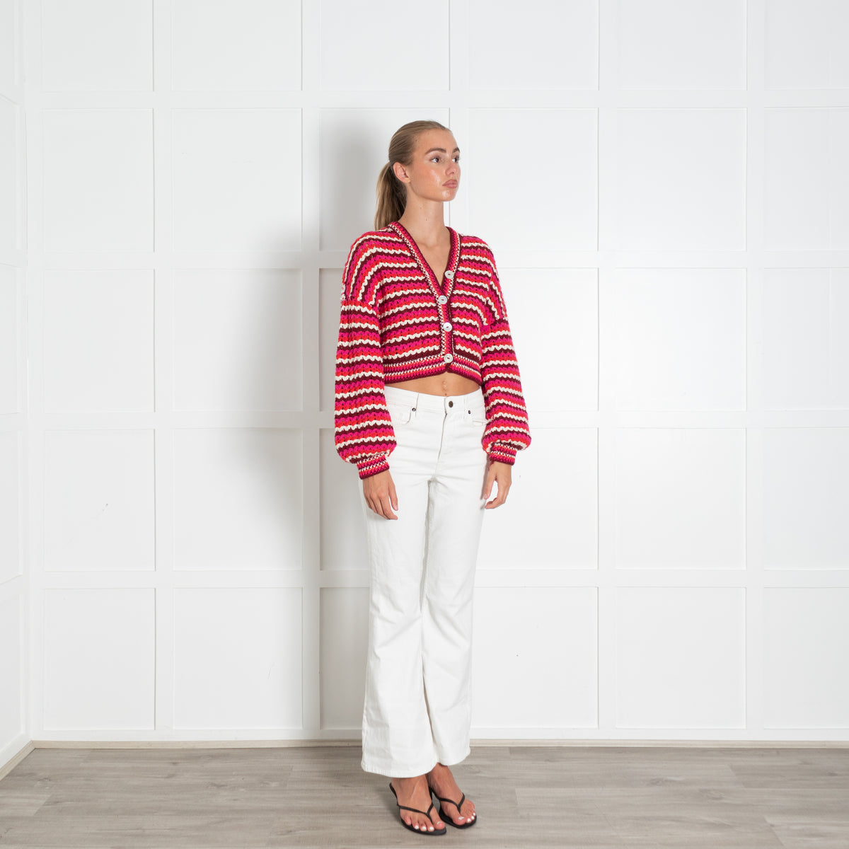 Farm Rio Pink Red Zig Zag Stripe Chunky Knit Cropped Cotton Cardigan